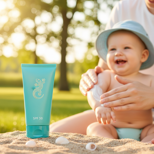 Blue Lizard Baby Mineral Sunscreen SPF 50+ teal tube with lizard illustration, parent applying sunscreen to baby outdoors
