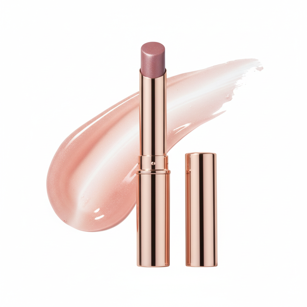 tarte Maracuja Juicy Lip Plump slim rose gold twist-up tube with pink gloss swatch