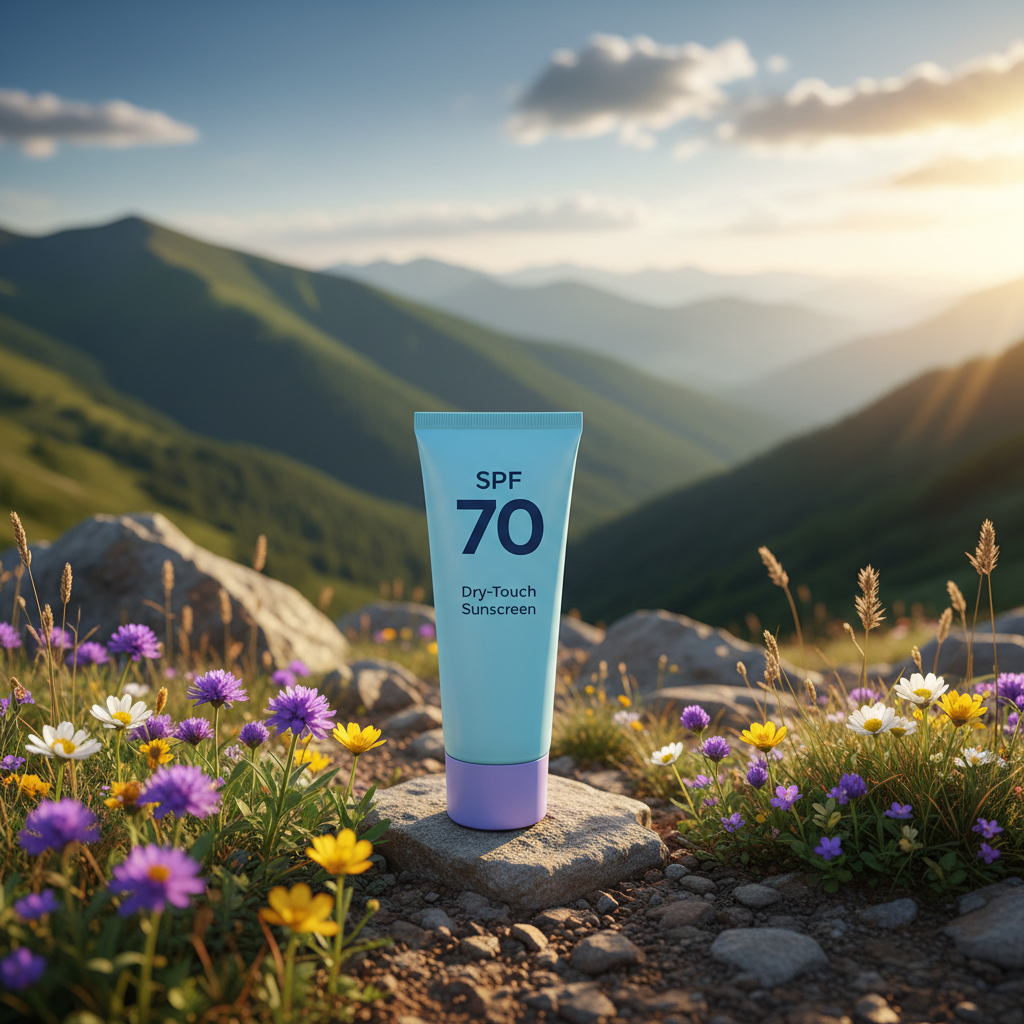 Neutrogena Ultra Sheer Dry-Touch Sunscreen SPF 70 blue tube on a scenic mountain hiking trail