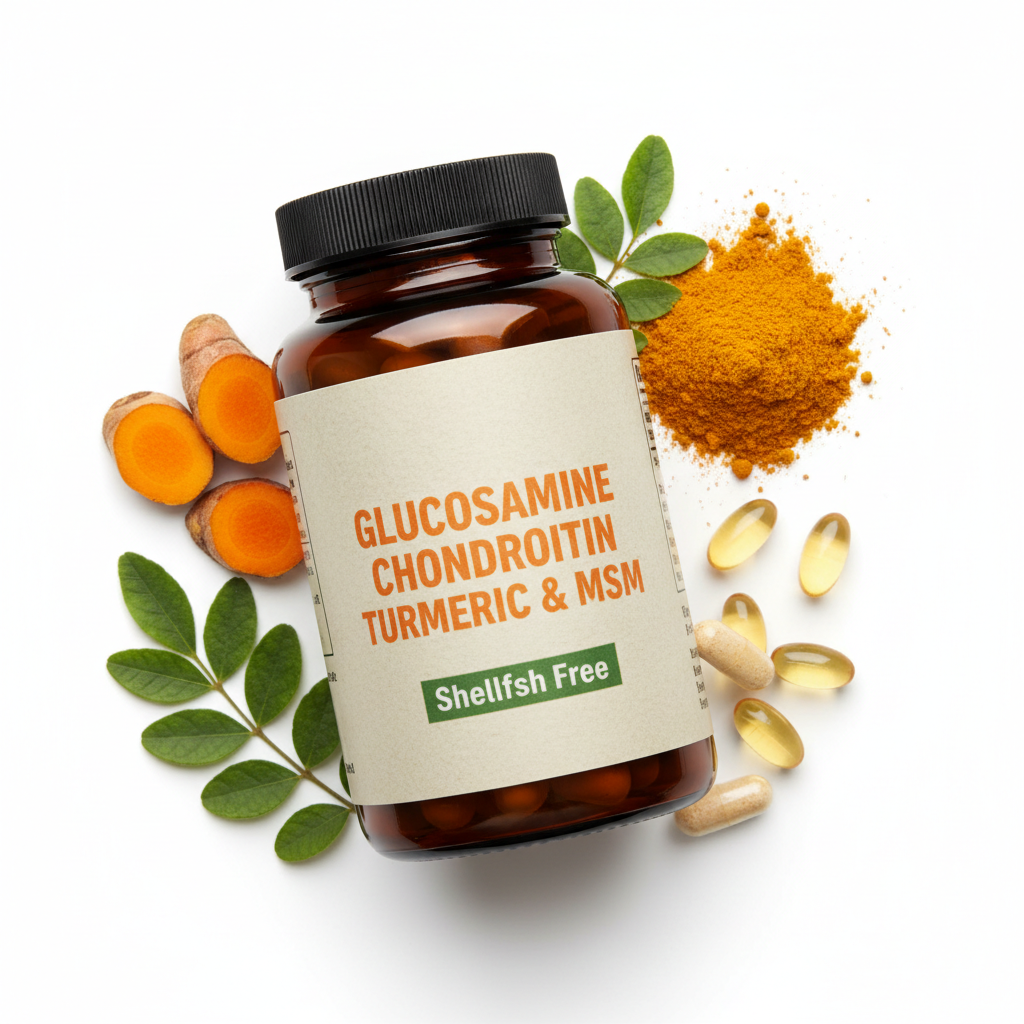 Glucosamine Chondroitin Turmeric MSM Shellfish Free supplement bottle with natural ingredients