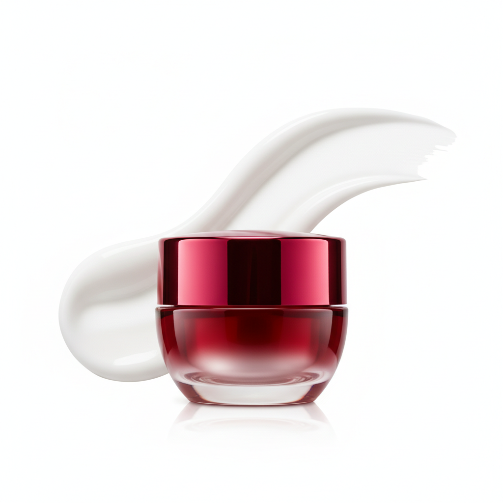 Olay Regenerist Micro-Sculpting Cream red jar with cream swatch on white background