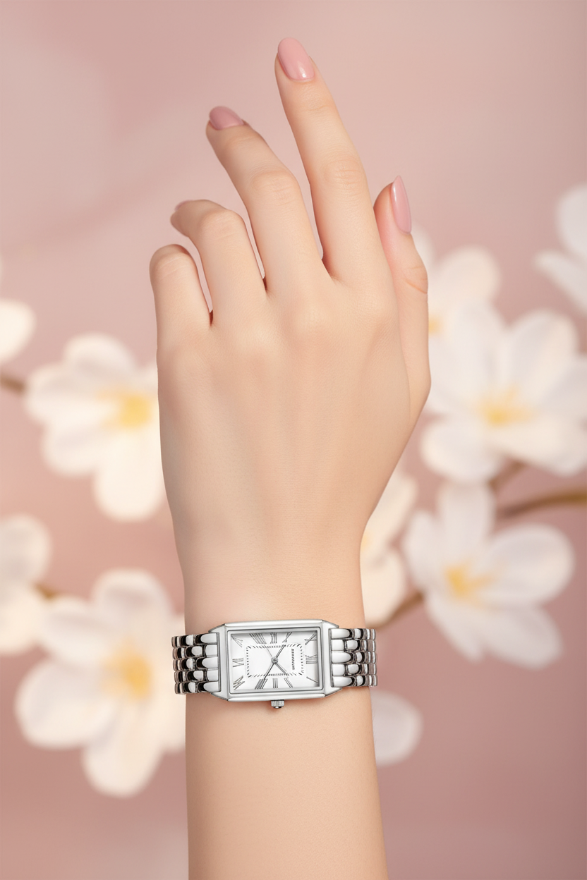 Elegant silver rectangular vintage women's watch on a lady's wrist with soft blush background