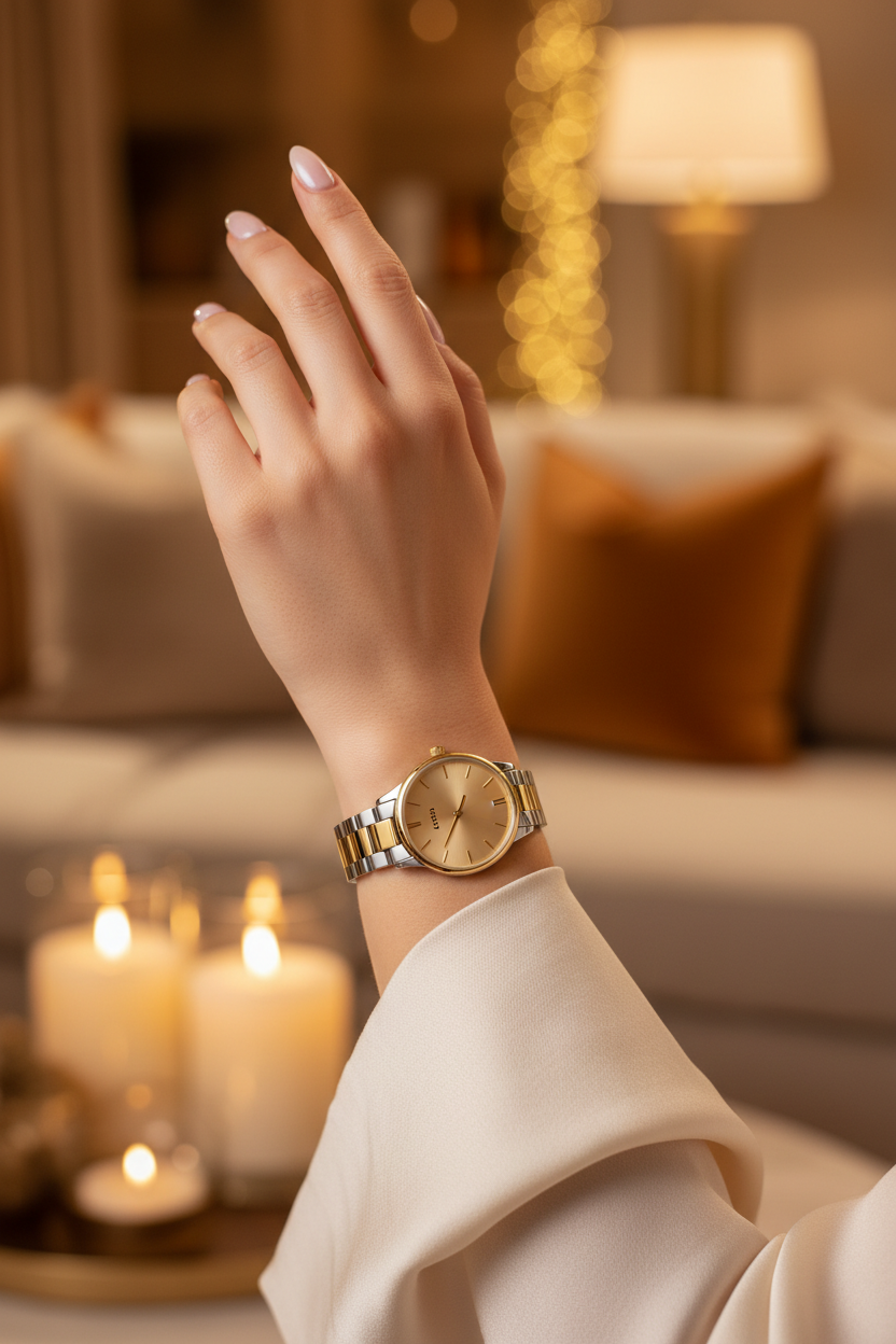 Fossil Scarlette women's gold sunray dial two-tone watch on elegant wrist with warm inviting background