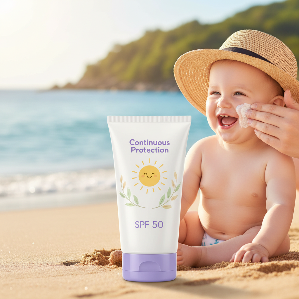 Aveeno Baby Continuous Protection SPF 50 sunscreen tube with happy baby in sun hat at beach
