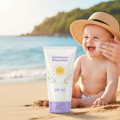 Aveeno Baby Continuous Protection SPF 50 sunscreen tube with happy baby in sun hat at beach