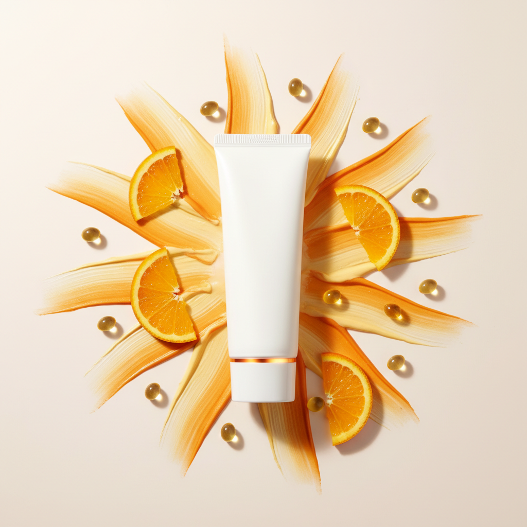 COSRX Vitamin E Vitalizing Sunscreen SPF 50+ white tube with orange accents and summery styling