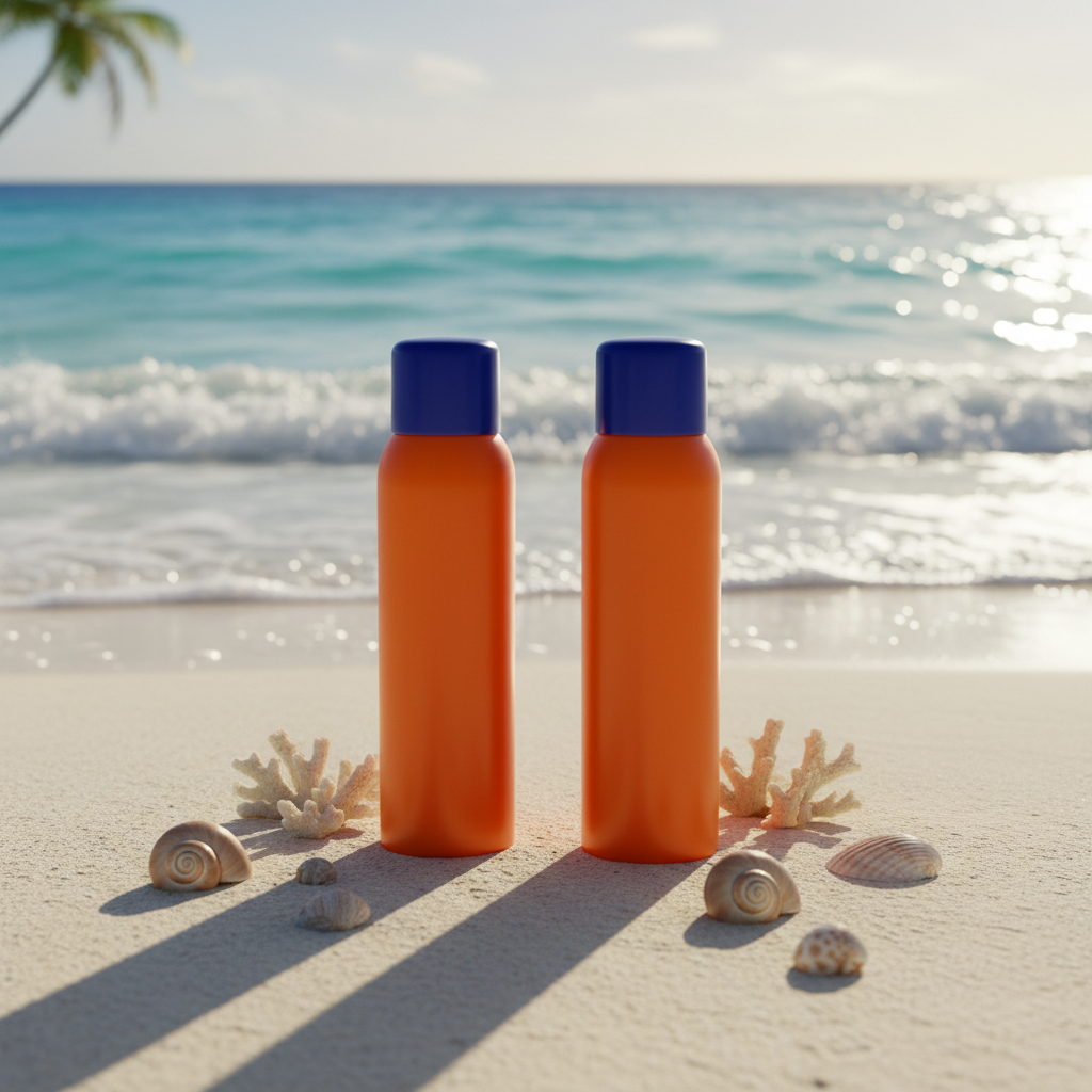 Banana Boat Sport Ultra SPF 50 Sunscreen Spray twin pack on a sunny beach with turquoise ocean
