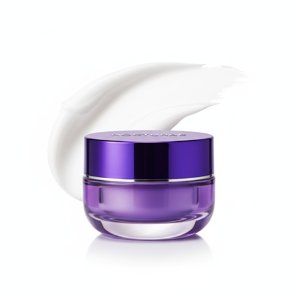 Olay Regenerist Retinol24 Night Cream purple jar with cream swatch on white background