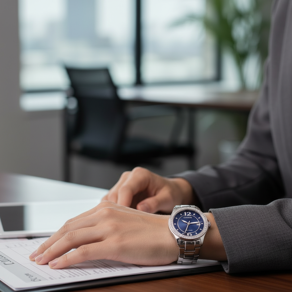 Close-up of Citizen Eco-Drive Silhouette Crystal watch on businesswoman's wrist in office setting