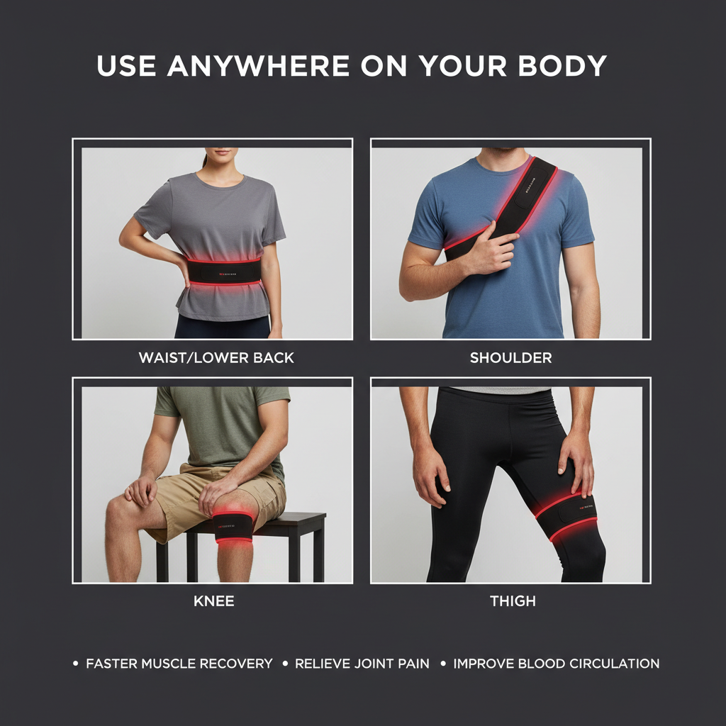 iRestore Red Light Therapy Belt applied to waist, shoulder, knee and thigh - Faster Muscle Recovery, Relieve Joint Pain, Improve Blood Circulation