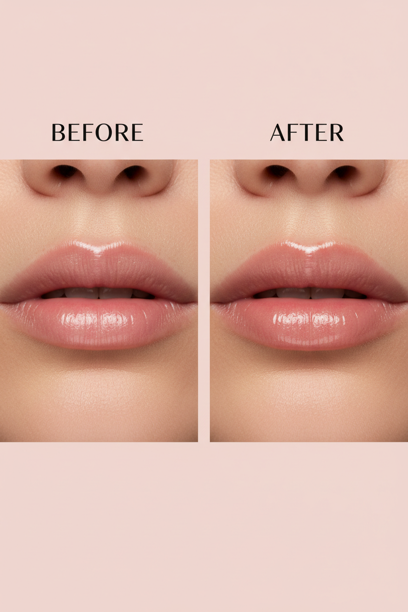 Before and after lip plumping results with tarte Maracuja Juicy Lip Plump