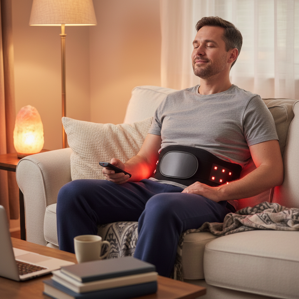 Man relaxing and recovering muscles wearing iRestore Red Light Therapy Belt at home